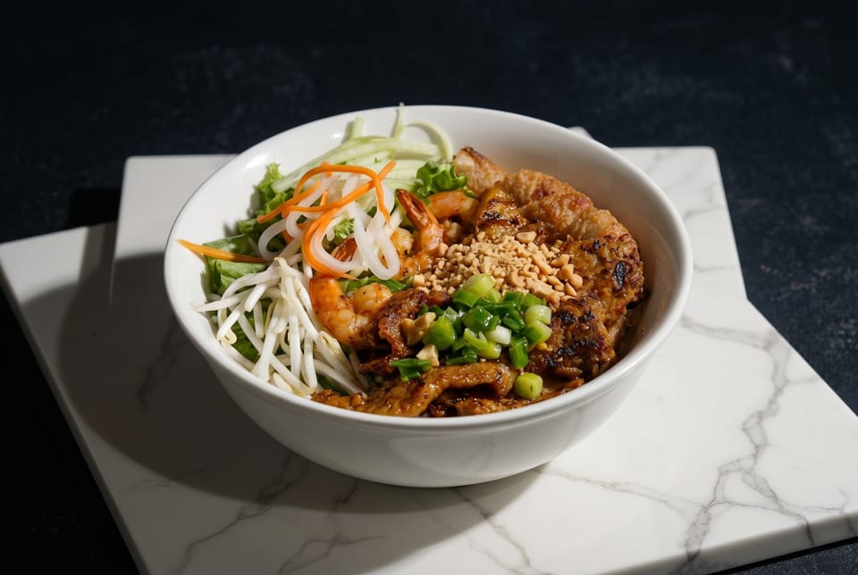 A white bowl of Vietnamese vermicelli noodles with grilled pork, shrimp, and fresh vegetables.