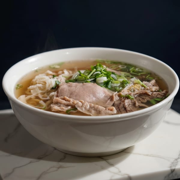 Steaming bowl of pho with beef, tripe, noodles, and green onions on a marble slab.