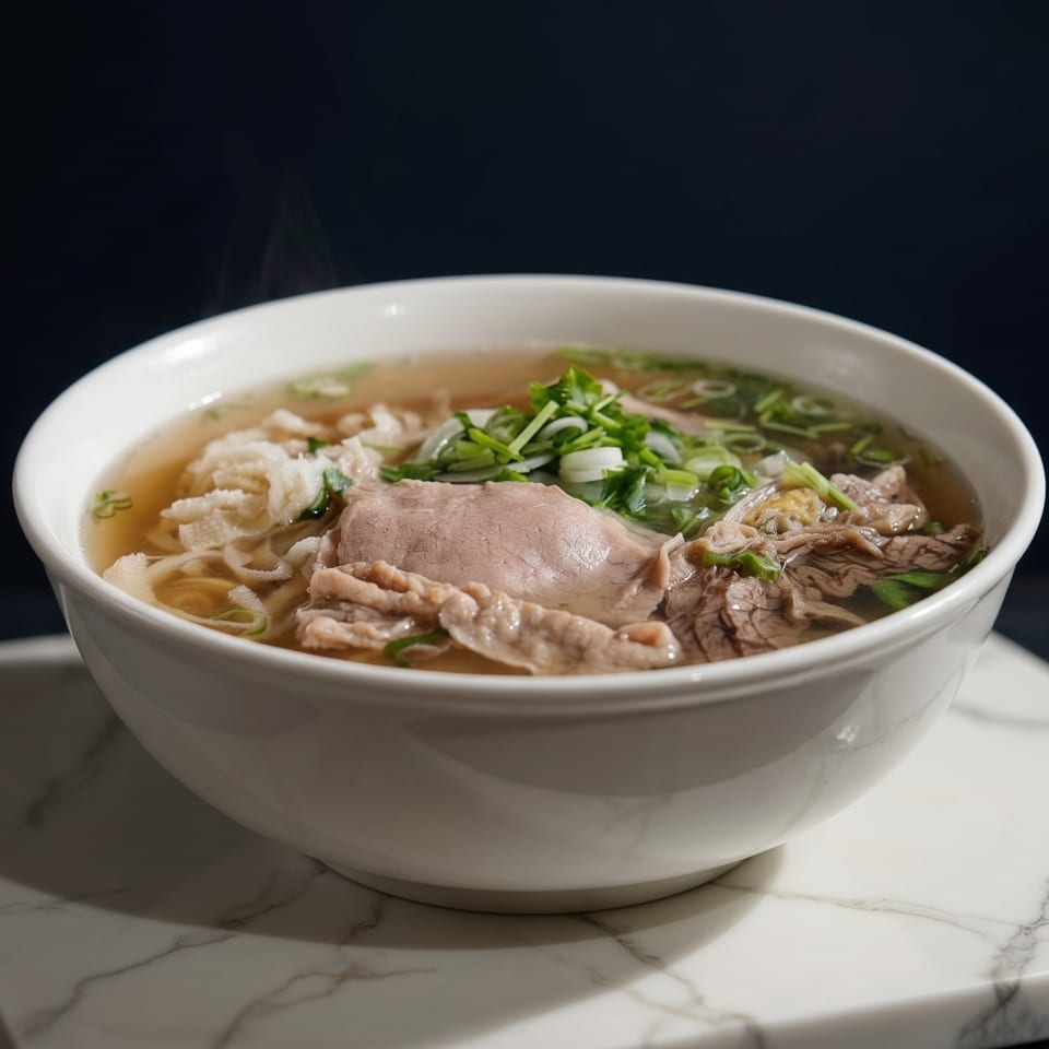 Steaming bowl of pho with beef, tripe, noodles, and green onions on a marble slab.
