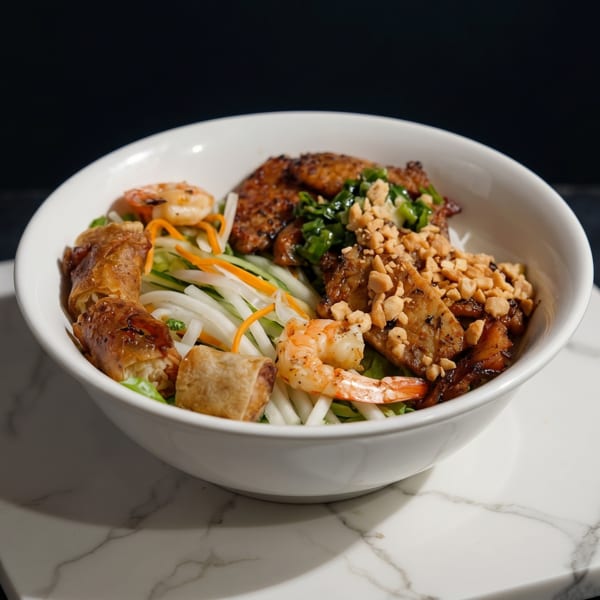 A white bowl of Vietnamese vermicelli noodles with grilled pork, shrimp, egg rolls, and peanuts.