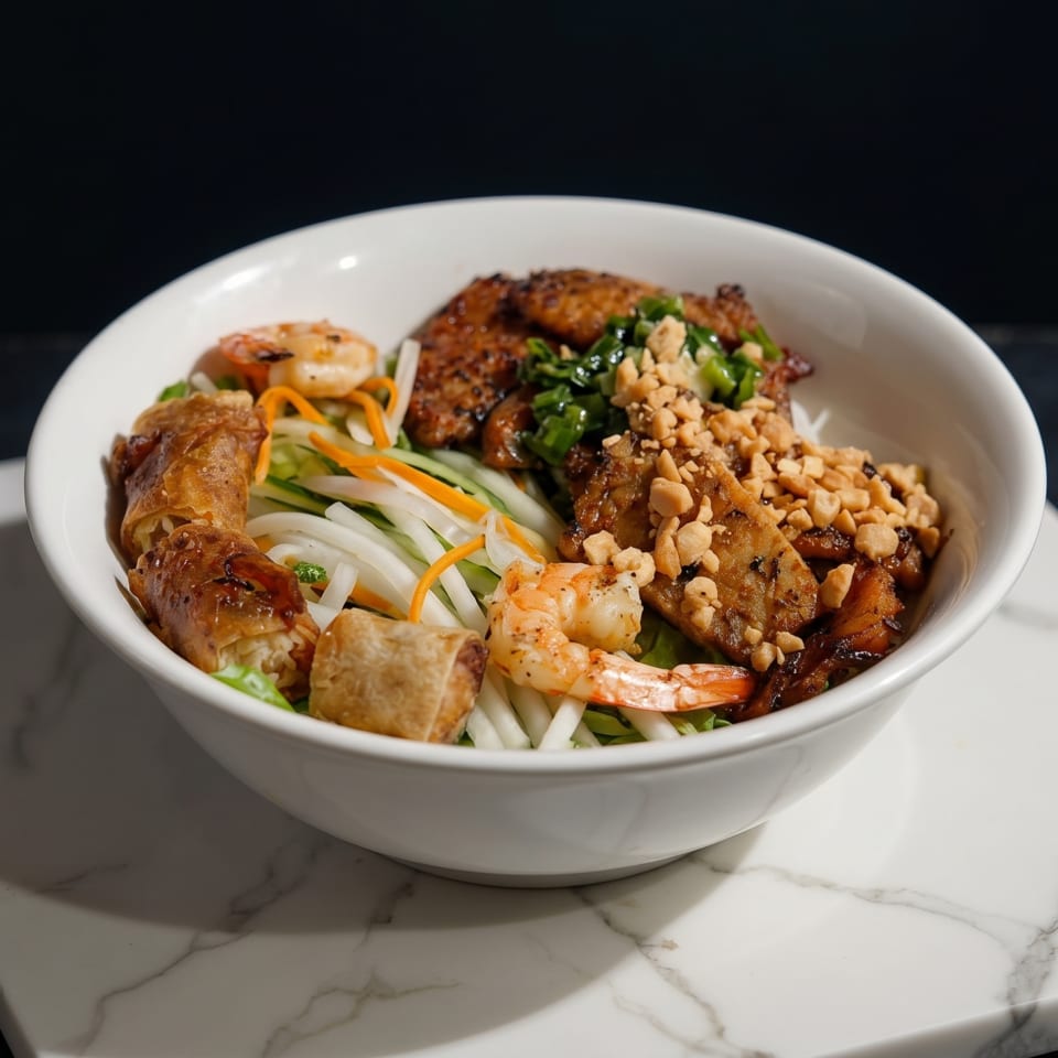 A white bowl of Vietnamese vermicelli noodles with grilled pork, shrimp, egg rolls, and peanuts.