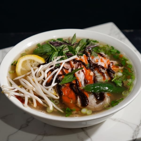 A bowl of pho with bean sprouts, herbs, lemon, and sauces on a marble tray.