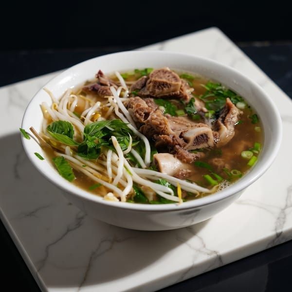 A bowl of pho with beef ribs, bean sprouts, and green herbs on a marble slab.