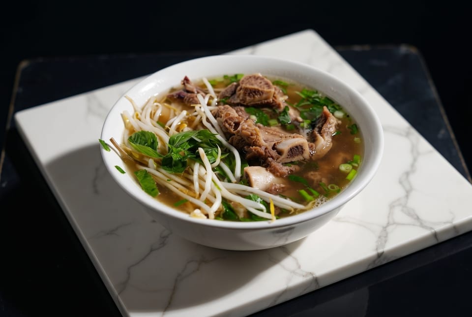 A bowl of pho with beef ribs, bean sprouts, and green herbs on a marble slab.