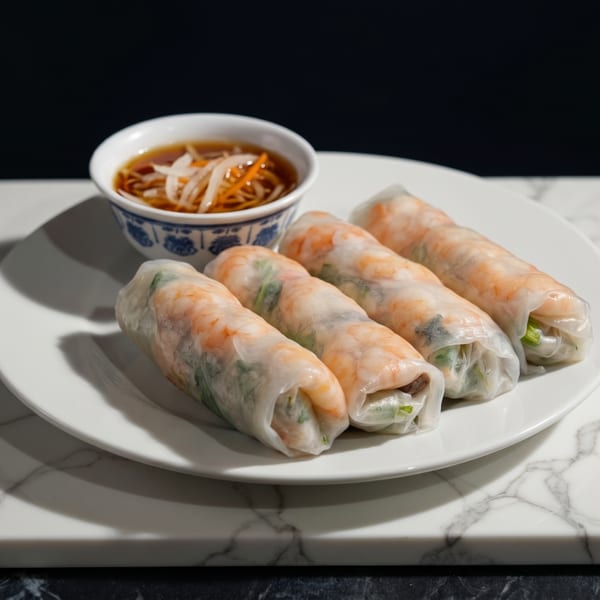 Four fresh shrimp spring rolls on a white plate with a side of dipping sauce.
