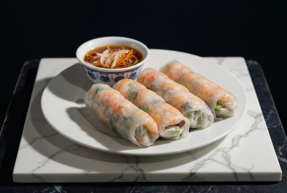 Four fresh shrimp spring rolls on a white plate with a side of dipping sauce.
